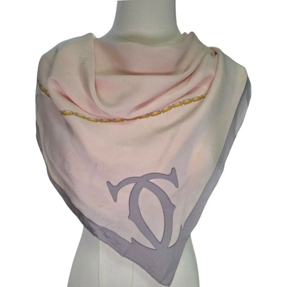 Must de Cartier Paris Silk Scarf Pink Grey Gold Chain Link Logo Square 31x31